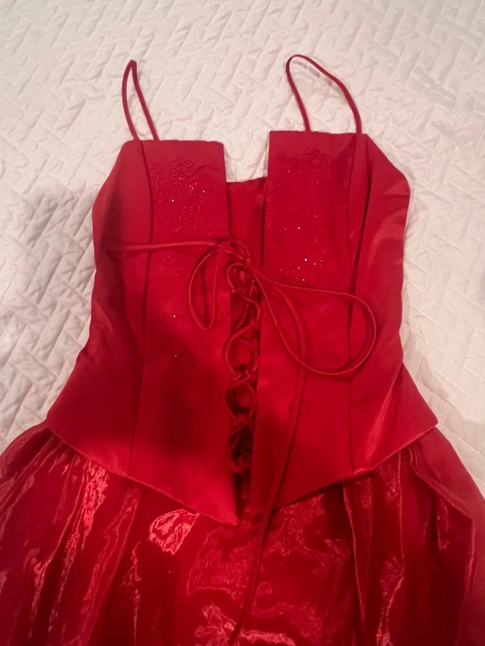 Strapless Red Prom Dress with Full Organza Skirt - Picture 3 of 5